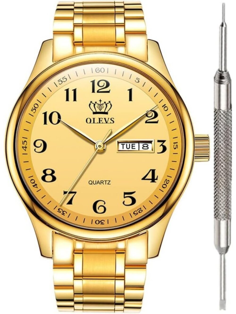 Olevs Men's Gold Digital Stainless Analog Quartz Waterproof Luminous Wrist Watch